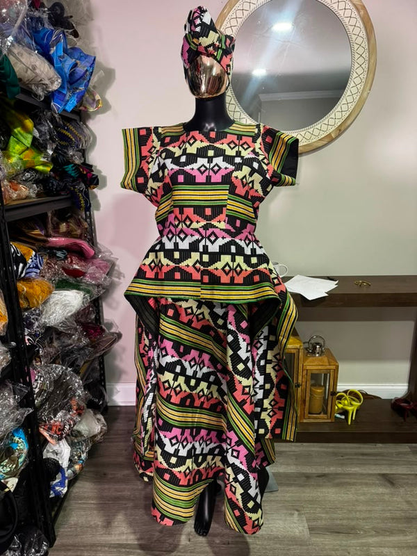 Title AsoElan Elle Akwete 2-Piece Skirt Set – Printed Crop Top & Tiered Maxi Skirt