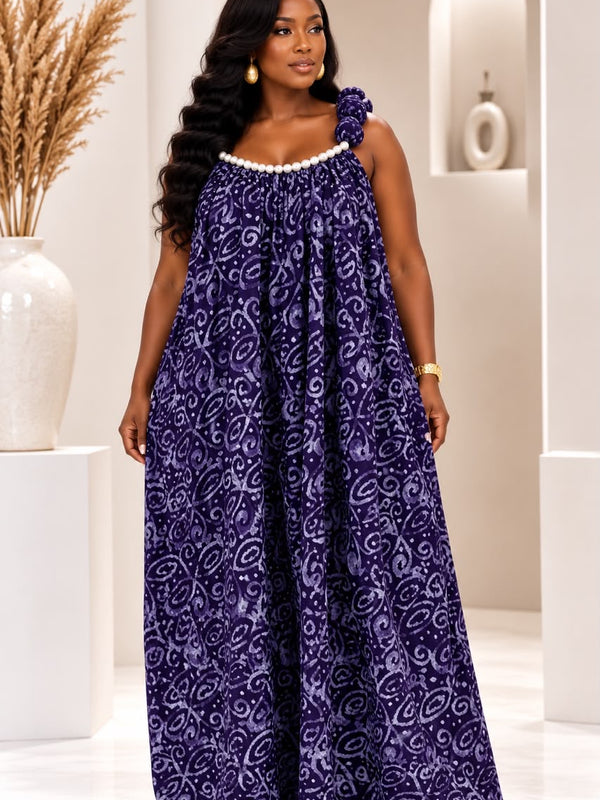 Kuala Adire Luxe Flowy Pearl Dress - Hand-Dyed African Print Kaftan Maxi