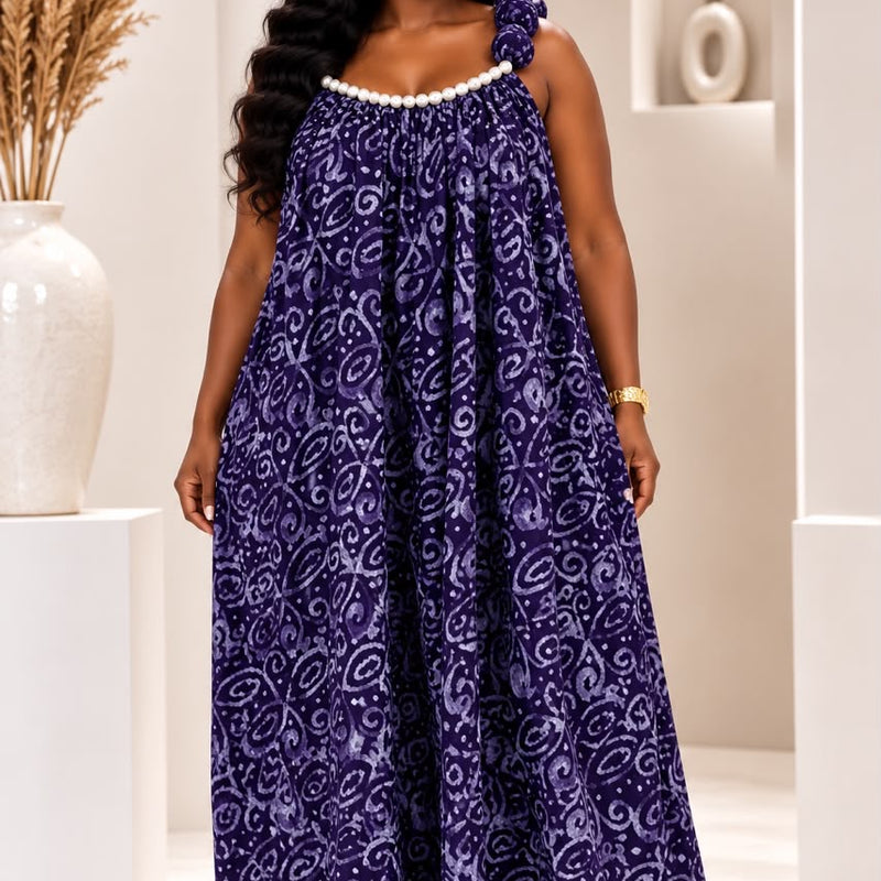 Kuala Adire Luxe Flowy Pearl Dress - Hand-Dyed African Print Kaftan Maxi