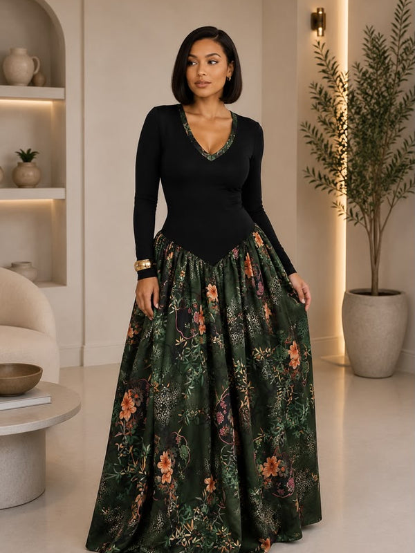 AsoElan Nene Flowy Silk Maxi Dress – Floral Long Sleeve Elegant Dress