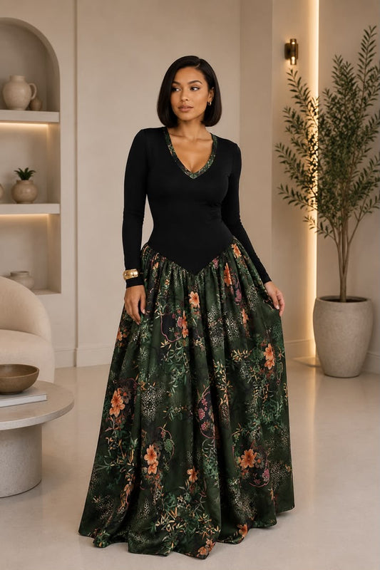 AsoElan Nene Flowy Silk Maxi Dress – Floral Long Sleeve Elegant Dress
