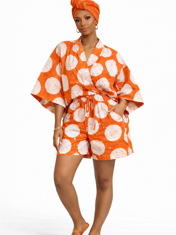 Ekemini Adire Luxe 2-Piece Short Set – African Print Kimono Top & Shorts Co-Ord Set for Women