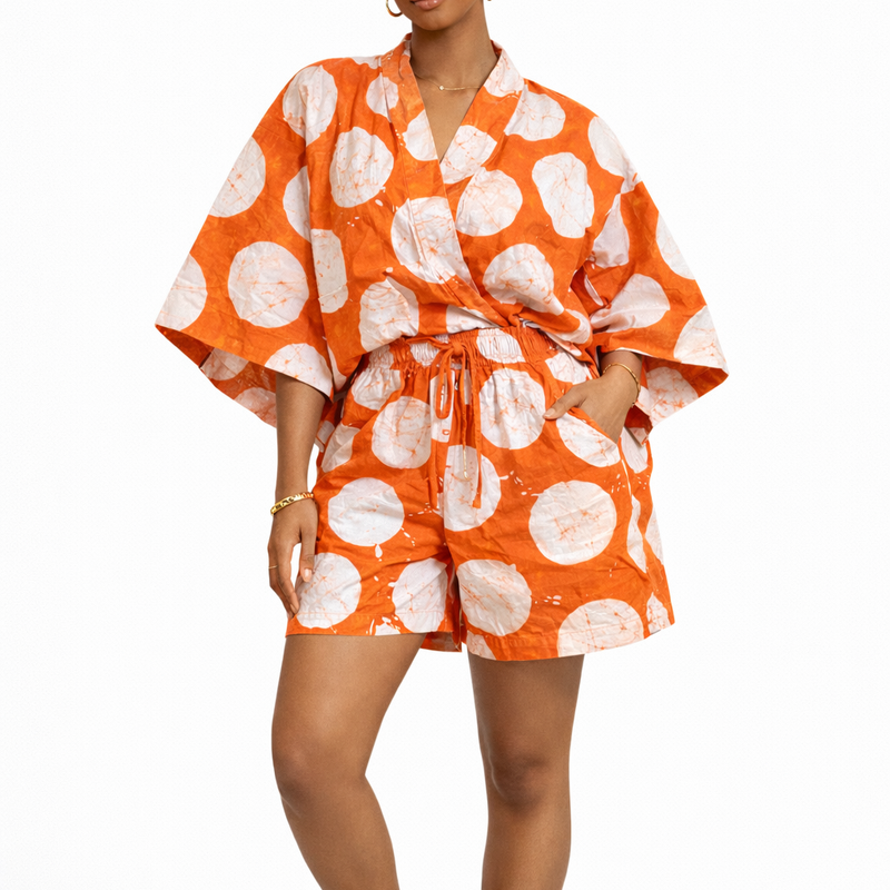 Ekemini Adire Luxe 2-Piece Short Set – African Print Kimono Top & Shorts Co-Ord Set for Women