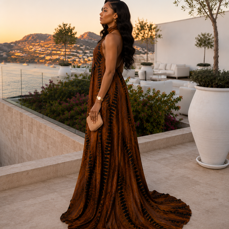 Poko Adire Silk Open Back Dress