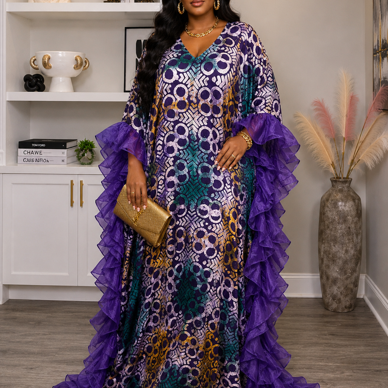 Thalia Adire Fluffy Kaftan | Elegant African Kaftan Dress