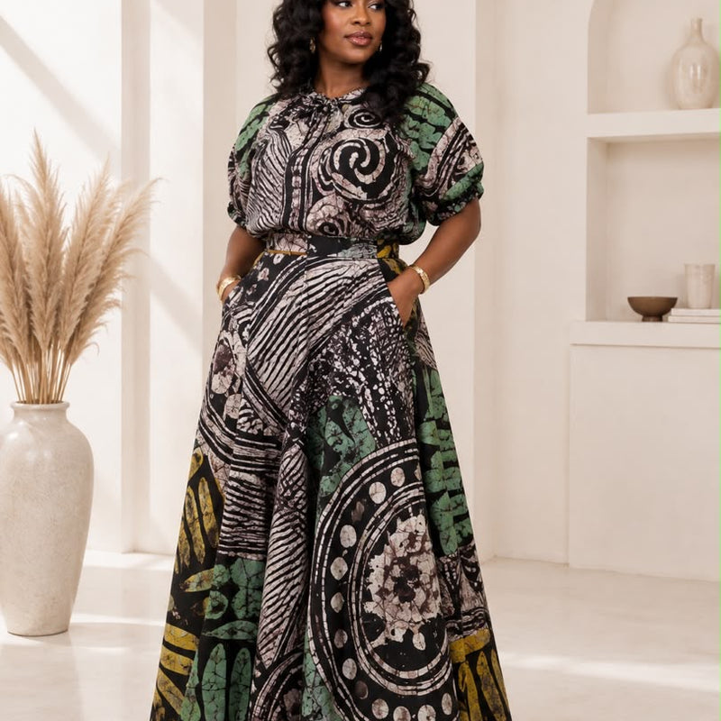 AsoElan Joseline Adire Flowy Maxi Dress – Long Sleeve Printed African Print Dress