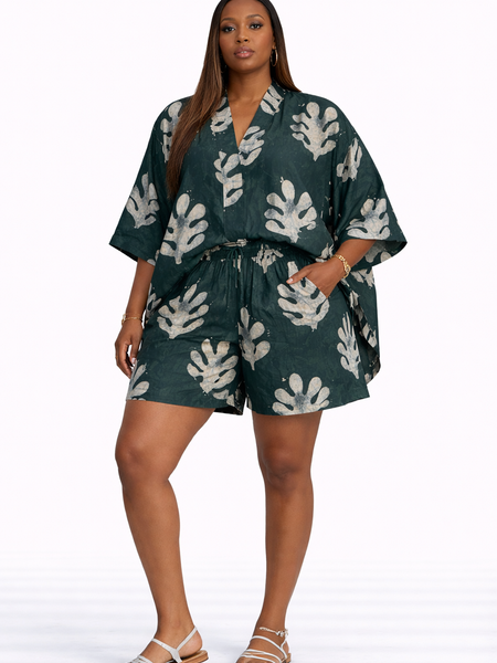 Ekemini Adire Luxe 2-Piece Short Set – African Print Kimono Top & Shorts Co-Ord Set for Women