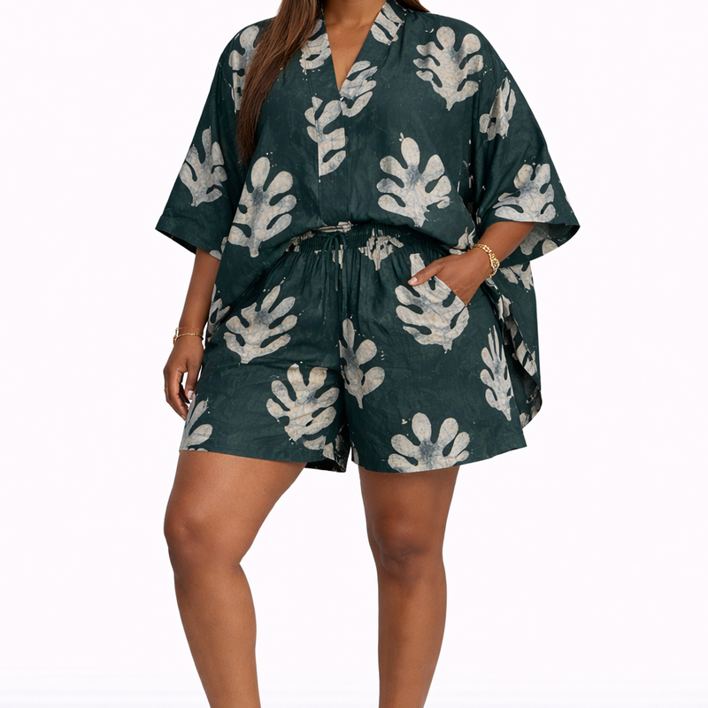Ekemini Adire Luxe 2-Piece Short Set – African Print Kimono Top & Shorts Co-Ord Set for Women