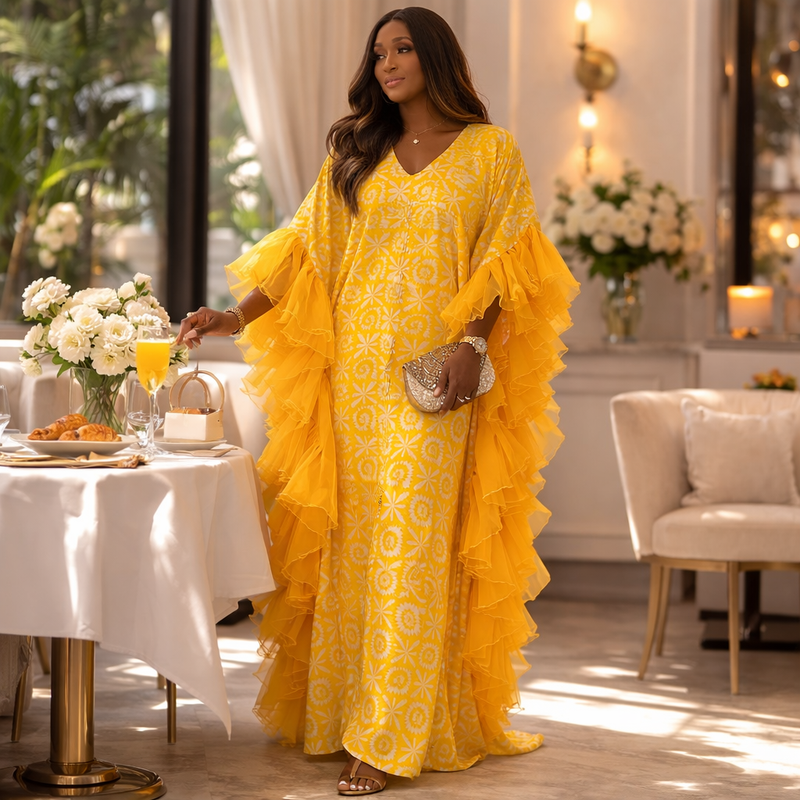 Thalia Adire Fluffy Kaftan | Elegant African Kaftan Dress