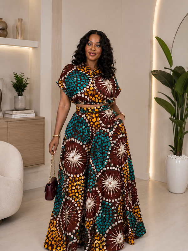 AsoElan Joseline Adire Flowy Maxi Dress – Long Sleeve Printed African Print Dress
