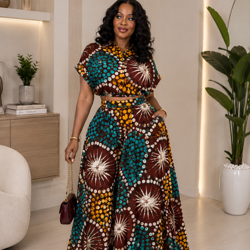 AsoElan Joseline Adire Flowy Maxi Dress – Long Sleeve Printed African Print Dress
