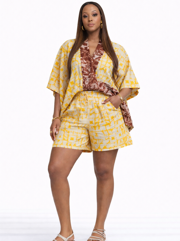 Ekemini Adire Luxe 2-Piece Short Set – African Print Kimono Top & Shorts Co-Ord Set for Women