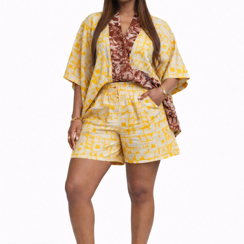 Ekemini Adire Luxe 2-Piece Short Set – African Print Kimono Top & Shorts Co-Ord Set for Women