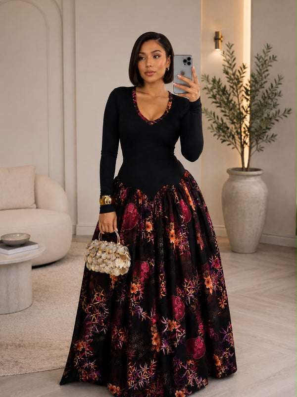 AsoElan Nene Flowy Silk Maxi Dress – Floral Long Sleeve Elegant Dress