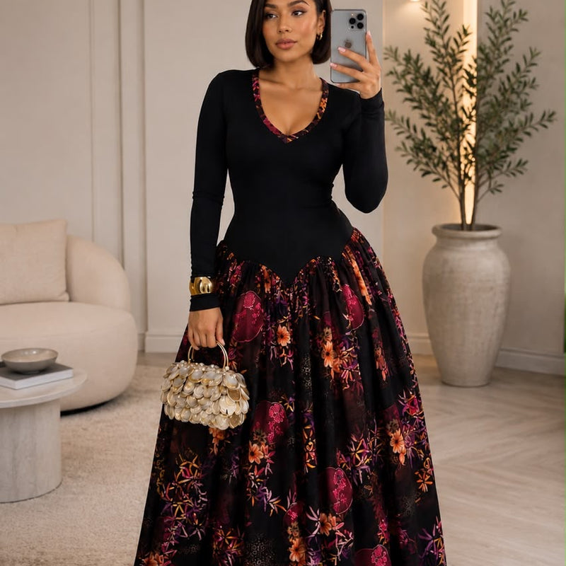 AsoElan Nene Flowy Silk Maxi Dress – Floral Long Sleeve Elegant Dress