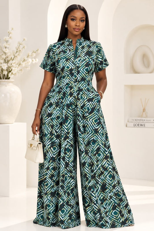 Lola Adire Wide Leg Flowy Jumpsuit- Aso Elan