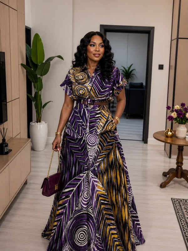 AsoElan Joseline Adire Flowy Maxi Dress – Long Sleeve Printed African Print Dress