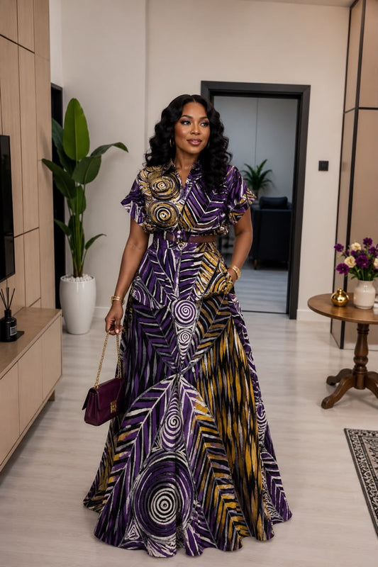 AsoElan Joseline Adire Flowy Maxi Dress – Long Sleeve Printed African Print Dress