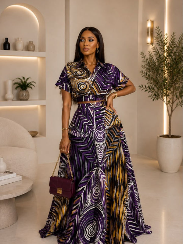 AsoElan Joseline Adire Flowy Maxi Dress – Long Sleeve Printed African Print Dress