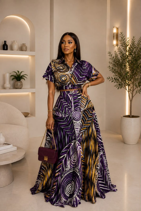 AsoElan Joseline Adire Flowy Maxi Dress – Long Sleeve Printed African Print Dress
