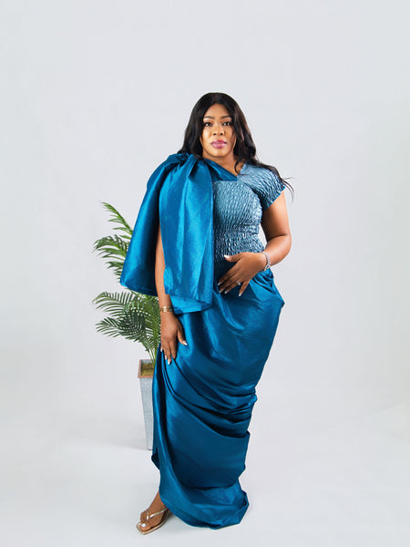 Onyx Draped Luxe Dress –Teal Structured Silk Gown | African Luxury Fashion