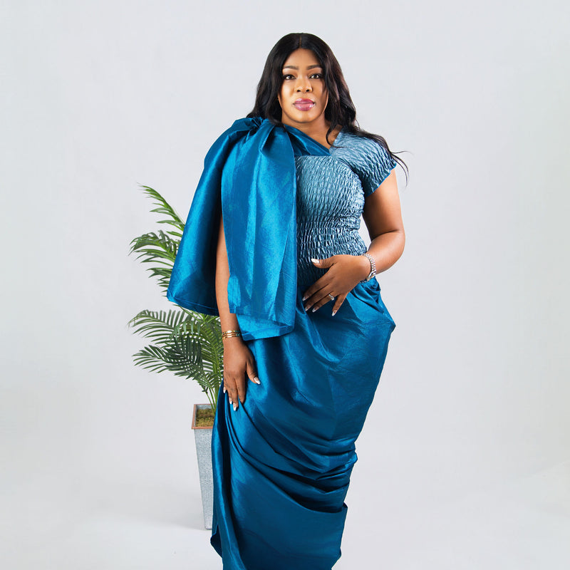 Onyx Draped Luxe Dress –Teal Structured Silk Gown | African Luxury Fashion