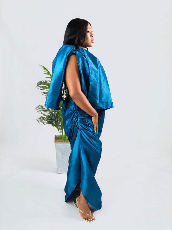 Onyx Draped Luxe Dress –Teal Structured Silk Gown | African Luxury Fashion