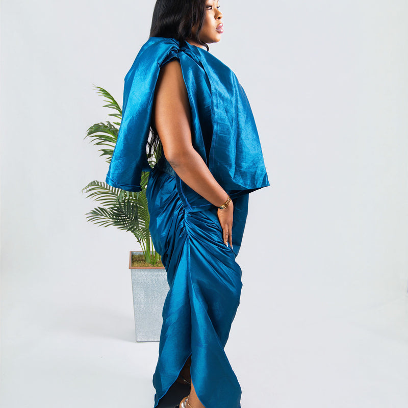 Onyx Draped Luxe Dress –Teal Structured Silk Gown | African Luxury Fashion