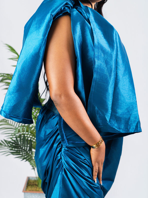 Onyx Draped Luxe Dress –Teal Structured Silk Gown | African Luxury Fashion