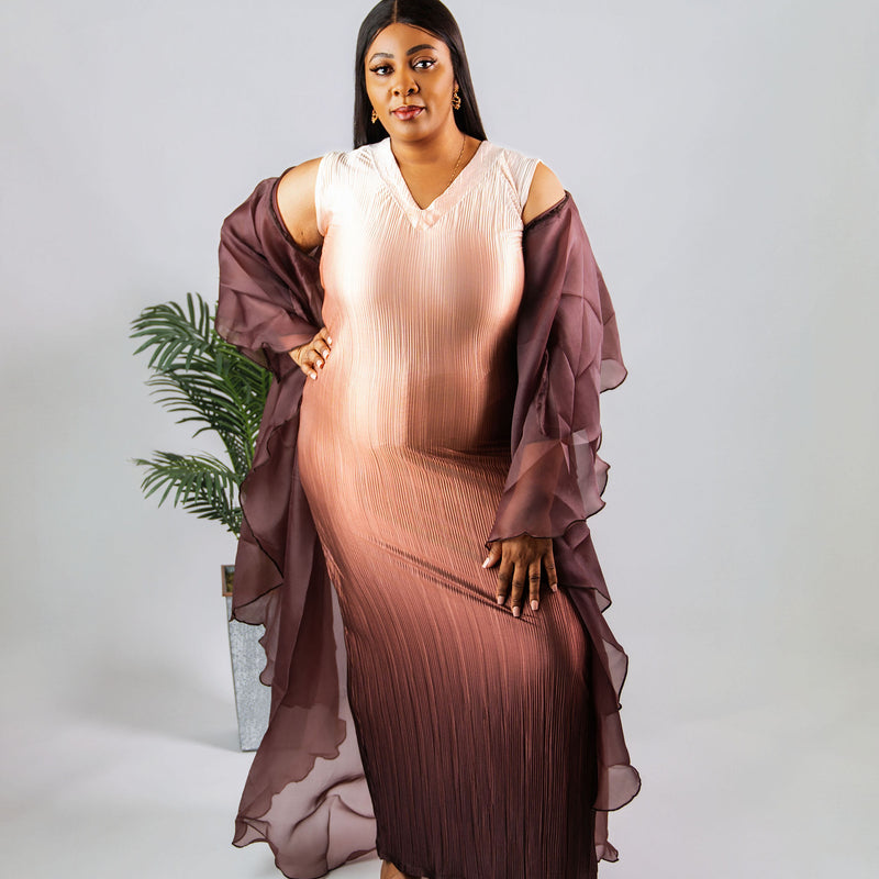 AMIE LUXE 2-PIECE SET– OMBRE PLEATED DRESS AND ORGANZA KIMONO