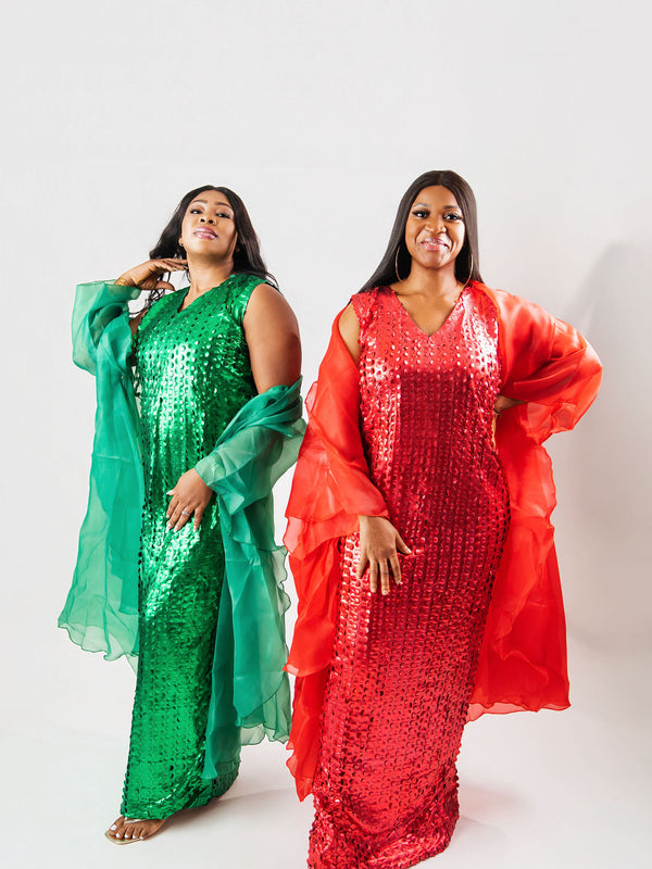 Nia Luxe Sequin Two-Piece Dress Set | Premium Sequin Maxi Dress & Organza Jacket – Aso Élan