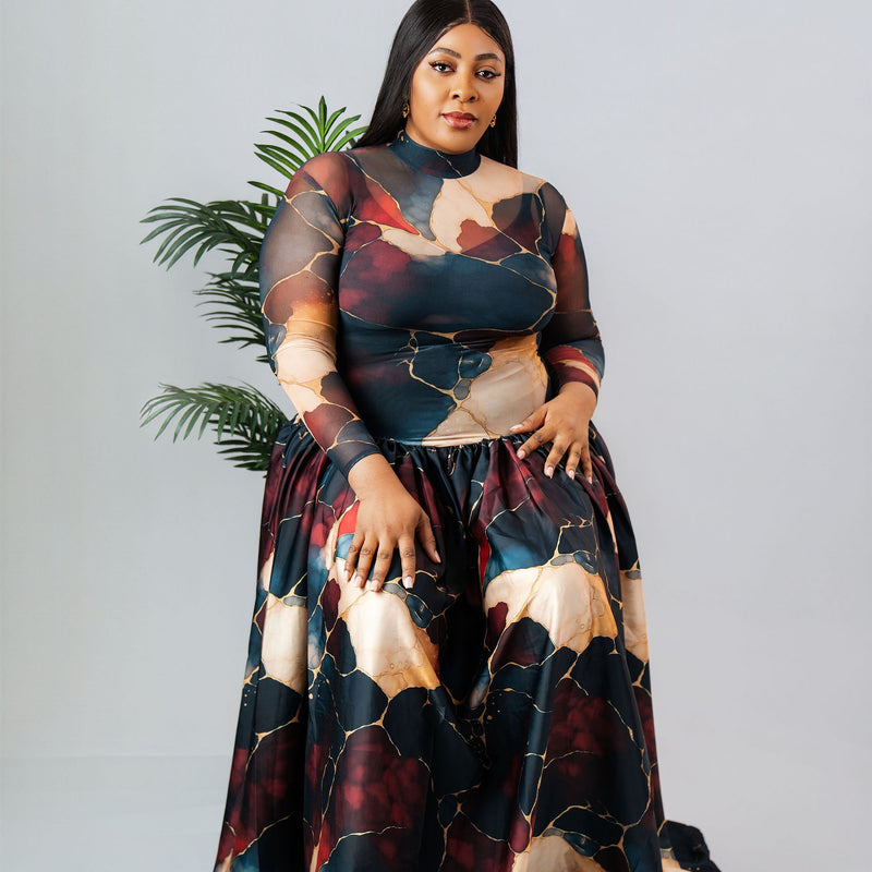 ZAHARA FLOWY MAXI DRESS – ABSTRACT MARBLE PRINT | ELEGANT FREE-SIZE AFRICAN LUXURY GOWN
