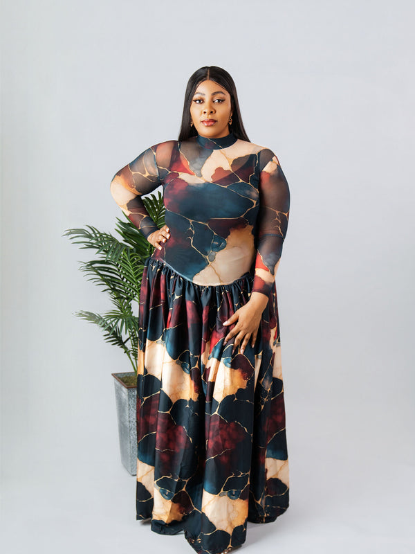 ZAHARA FLOWY MAXI DRESS – ABSTRACT MARBLE PRINT | ELEGANT FREE-SIZE AFRICAN LUXURY GOWN