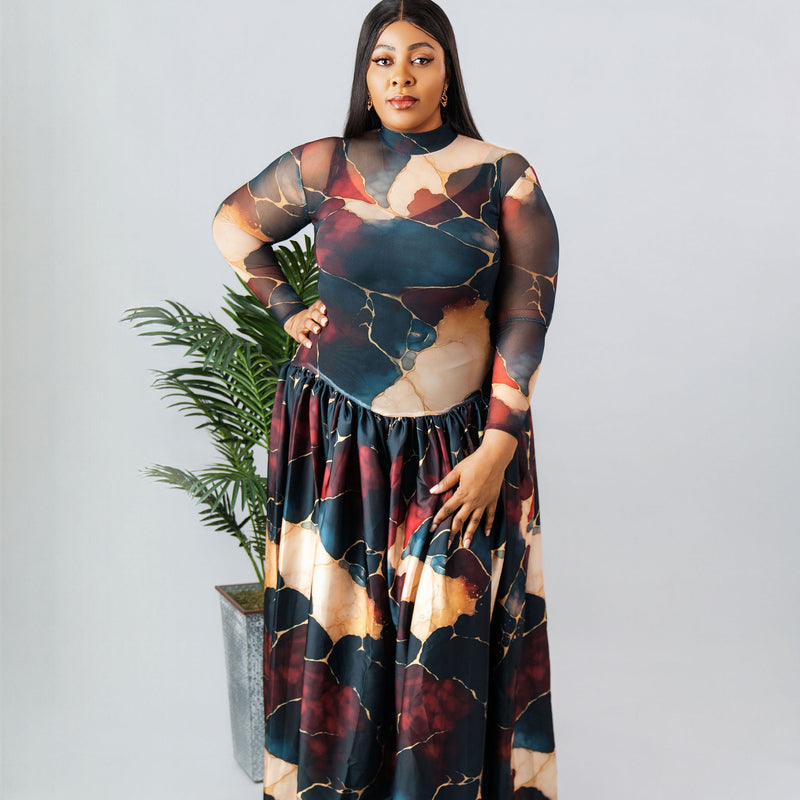 ZAHARA FLOWY MAXI DRESS – ABSTRACT MARBLE PRINT | ELEGANT FREE-SIZE AFRICAN LUXURY GOWN