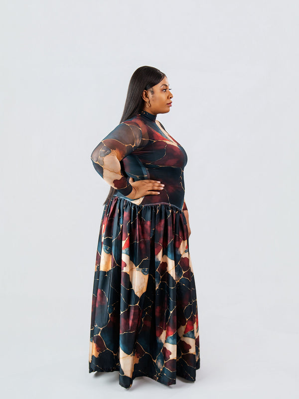 ZAHARA FLOWY MAXI DRESS – ABSTRACT MARBLE PRINT | ELEGANT FREE-SIZE AFRICAN LUXURY GOWN