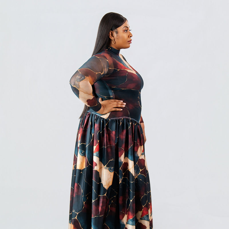 ZAHARA FLOWY MAXI DRESS – ABSTRACT MARBLE PRINT | ELEGANT FREE-SIZE AFRICAN LUXURY GOWN