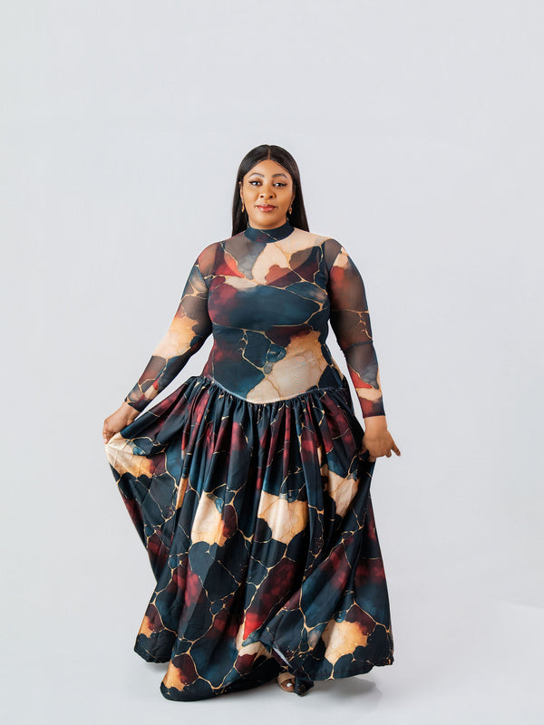 ZAHARA FLOWY MAXI DRESS – ABSTRACT MARBLE PRINT | ELEGANT FREE-SIZE AFRICAN LUXURY GOWN