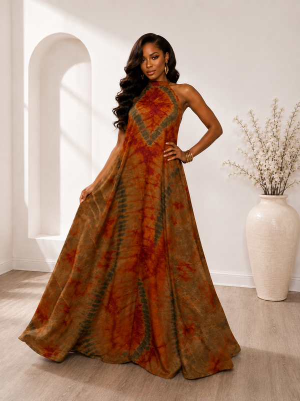 Poko Adire Silk Open Back Dress