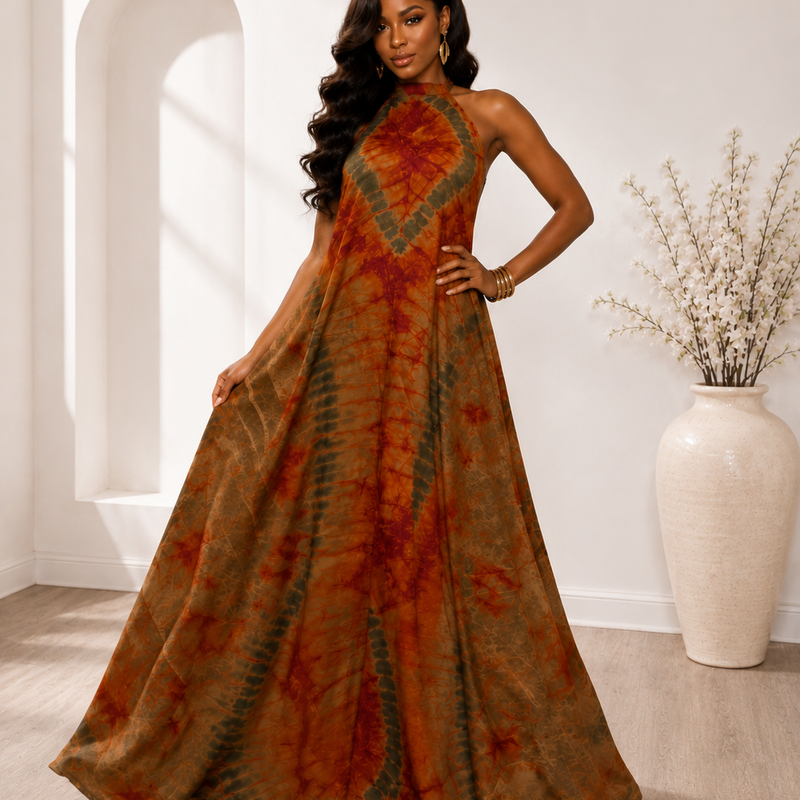 Poko Adire Silk Open Back Dress