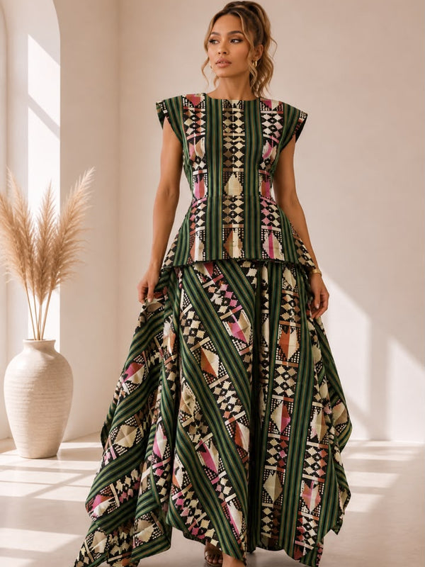 Title AsoElan Elle Akwete 2-Piece Skirt Set – Printed Crop Top & Tiered Maxi Skirt