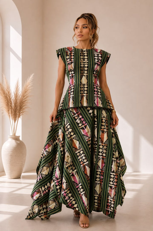 Title AsoElan Elle Akwete 2-Piece Skirt Set – Printed Crop Top & Tiered Maxi Skirt