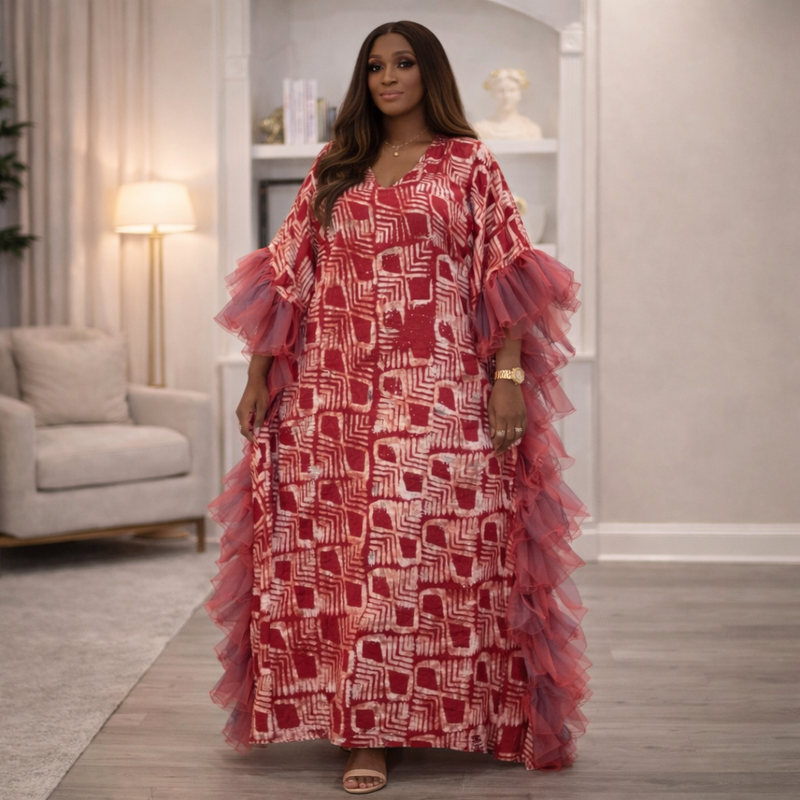 Thalia Adire Fluffy Kaftan | Elegant African Kaftan Dress