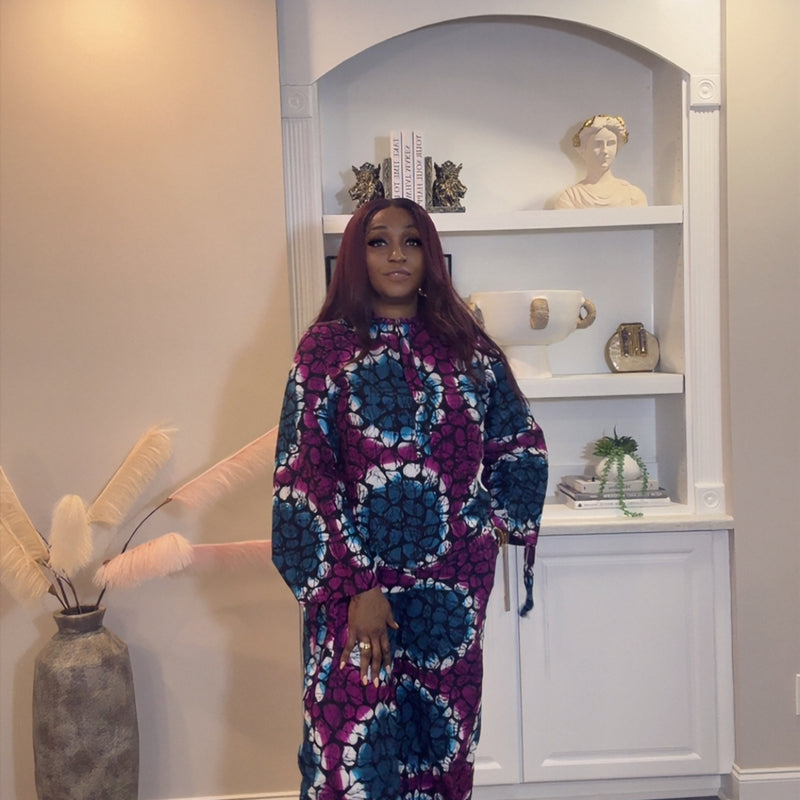 ZARADE Ankara 2-Piece Pant Set – African Print Long Sleeve Top & Wide Leg Pants Set for Women
