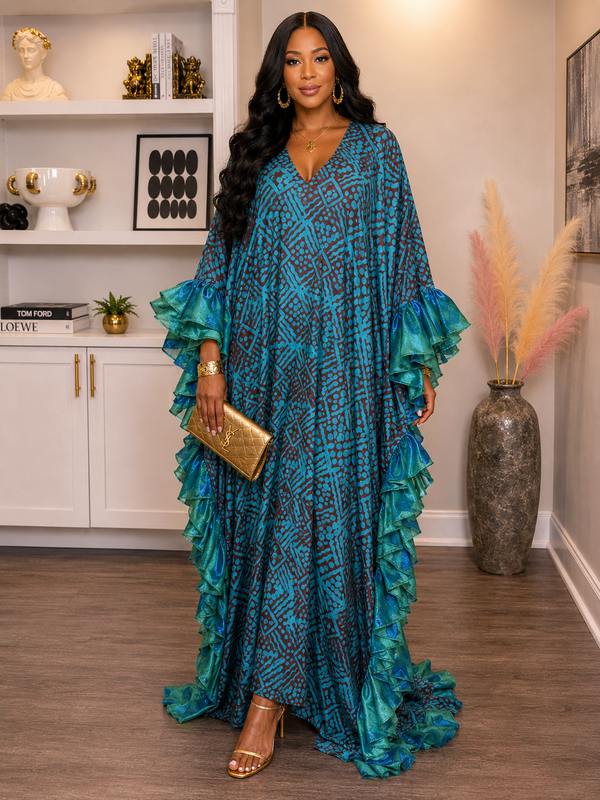 Thalia Adire Fluffy Kaftan | Elegant African Kaftan Dress