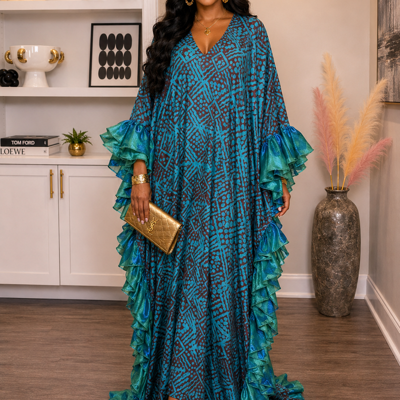 Thalia Adire Fluffy Kaftan | Elegant African Kaftan Dress