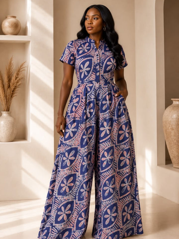 Lola Adire Wide Leg Flowy Jumpsuit- Aso Elan