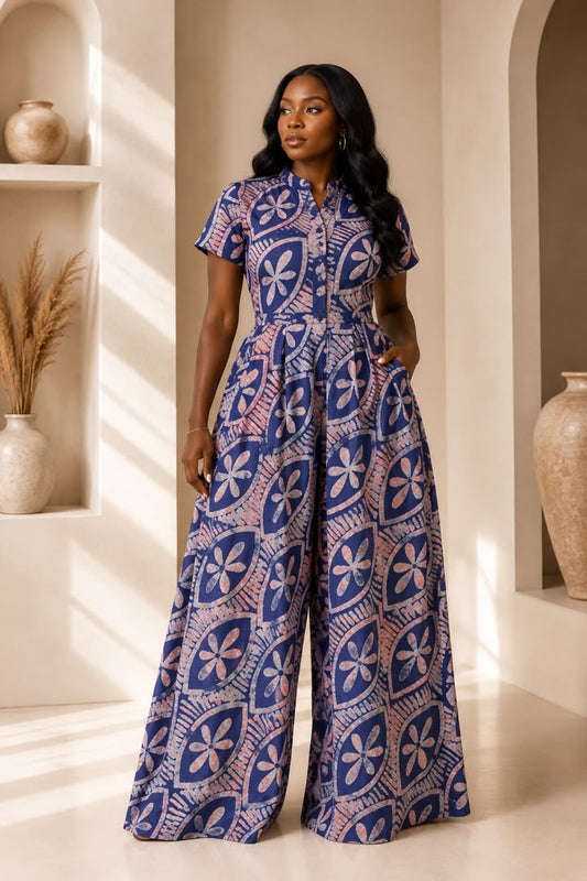 Lola Adire Wide Leg Flowy Jumpsuit- Aso Elan