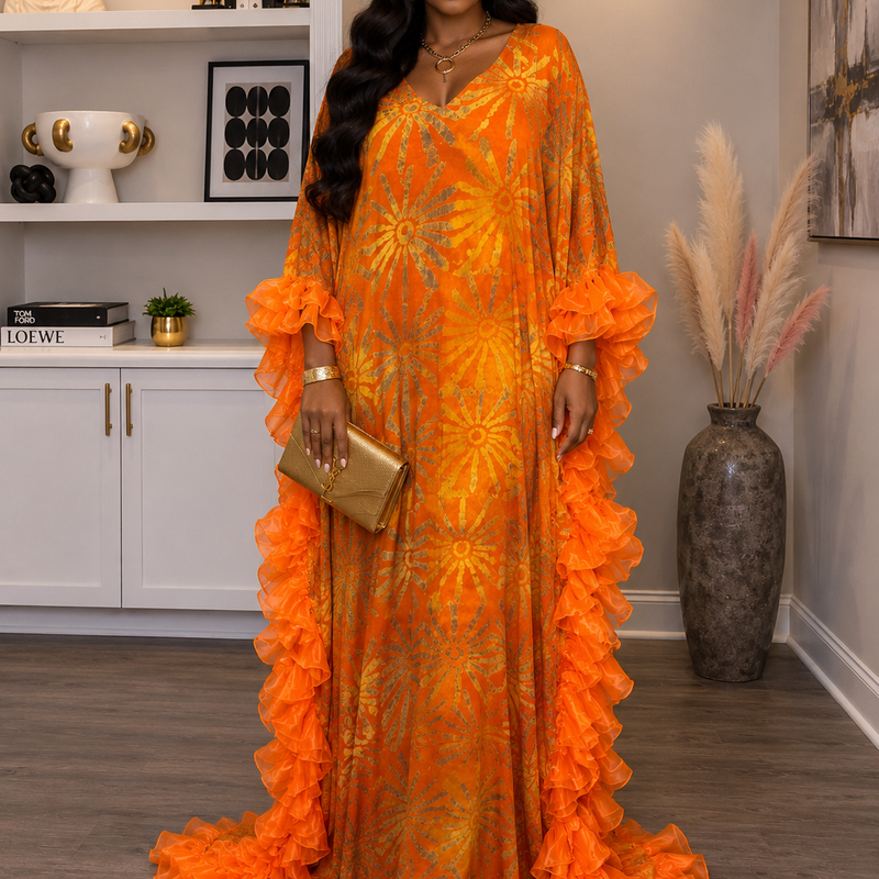Thalia Adire Fluffy Kaftan | Elegant African Kaftan Dress