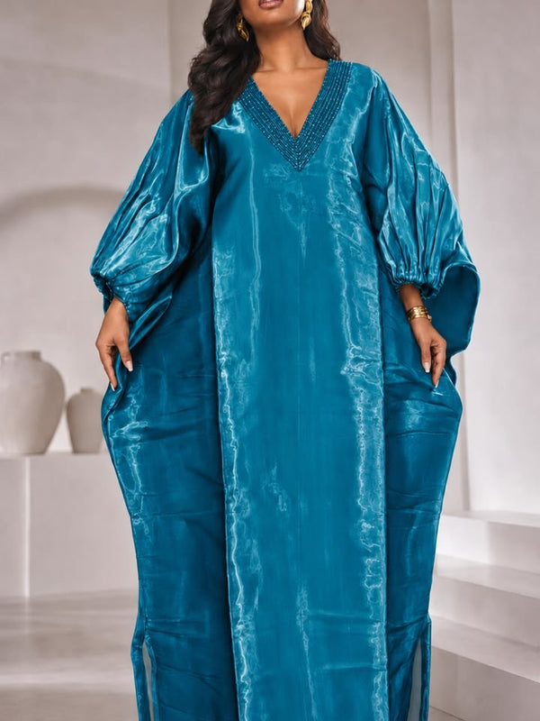 Achalugo Boubou Kaftan | Luxury Silk African Maxi Dress, Embellished Neckline