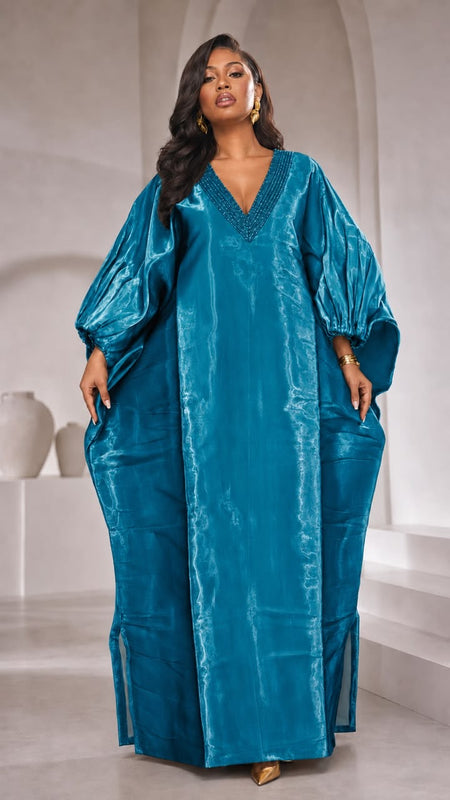 Achalugo Boubou Kaftan | Luxury Silk African Maxi Dress, Embellished Neckline